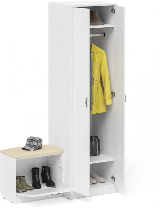 Прихожая П-6 Компоновка № 10, белая шагрень/фасады МДФ белое дерево фрезеровка прованс