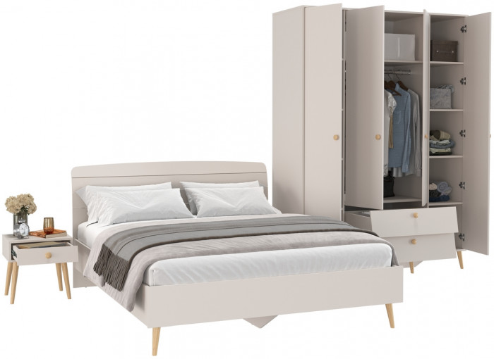 Афина Спальня Кровать 1600 + Шкаф 4-х дверный + Тумба, цвет кашемир серый, 164,6х210,2х95,6 + 160х56,3х220 + 45х37х45 см., 1600х2000, б/м, осн. есть