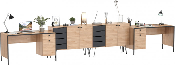 Брюс два Стола 12.157 + два Комода 16.233, цвет чёрный/дуб Сантьяго/столешница МДФ ель карпатская, 486,8х62,6(38,3)х75(85,6) см., ун. сб.