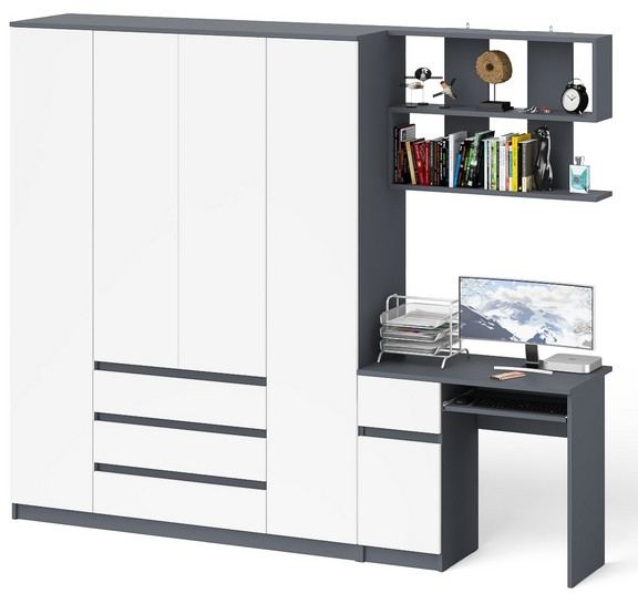 Мори компьютерный стол МС-1 правый + Шкаф МШ1600.1 + Полка 900, графит/белый
