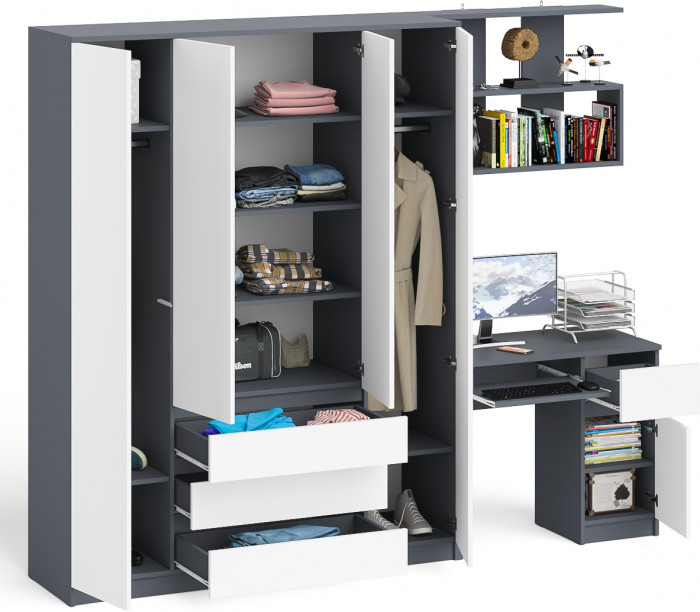 Мори компьютерный стол МС-1 правый + Шкаф МШ1600.1 + Полка 900, графит/белый