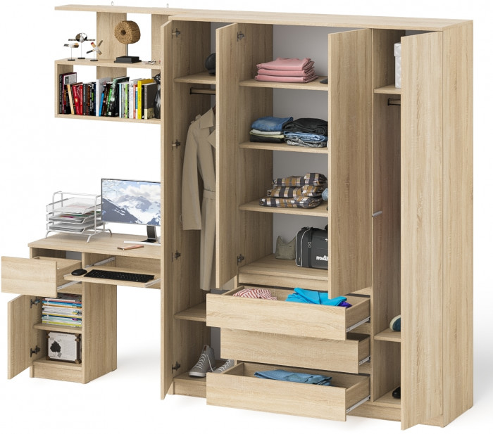 Мори компьютерный стол МС-1 левый + Шкаф МШ1600.1 + Полка 900, дуб сонома