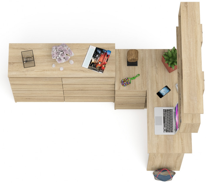 Мори компьютерный стол МС-16 левый + Комод МК1200.8 + Полка 1200, дуб сонома