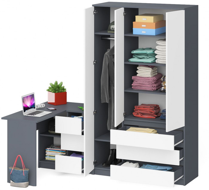 Мори Стол компьютерный МС-16 правый + Шкаф МШ1200.1, цвет графит/белый, ШхГхВ 244,8х84,9х209,6 см., выдвижные ящики справа, НЕ универсальная сборка