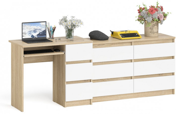 Мори компьютерный стол МС-6 правый + Комод МК1200.6, дуб сонома/белый
