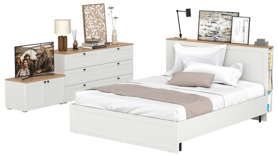 Остин 11.53 Кровать + ортопед + 16.240 Комод + 13.257 Тумба, белый шагрень/дуб крафт золотой