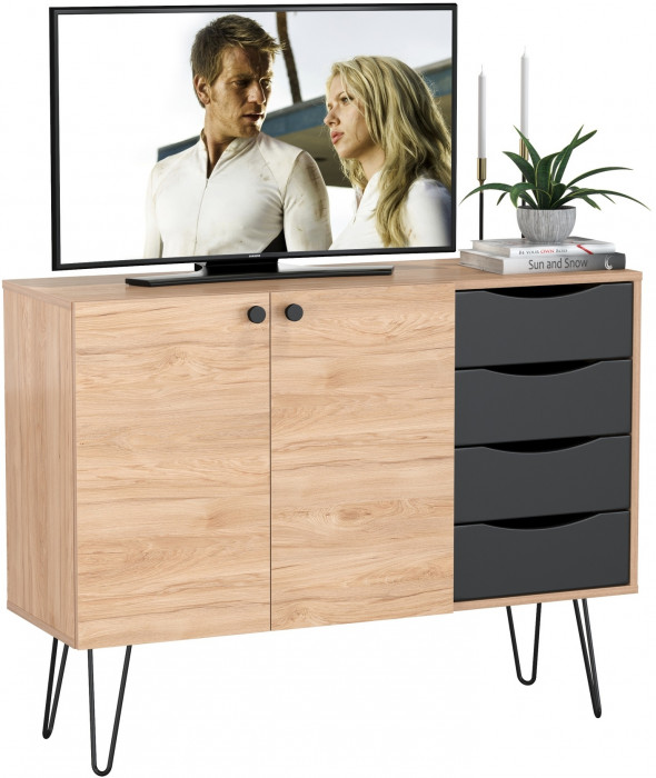 Брюс Комод-тумба 16.233, цвет чёрный/дуб Сантьяго, ШхГхВ 113,4х38,3х85,6 см., универсальная сборка, две дверки и четыре выдвижных ящика