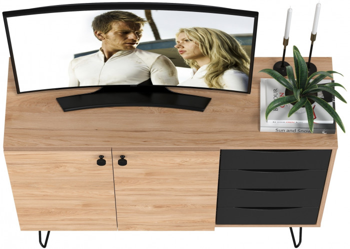 Брюс Комод-тумба 16.233, цвет чёрный/дуб Сантьяго, ШхГхВ 113,4х38,3х85,6 см., универсальная сборка, две дверки и четыре выдвижных ящика