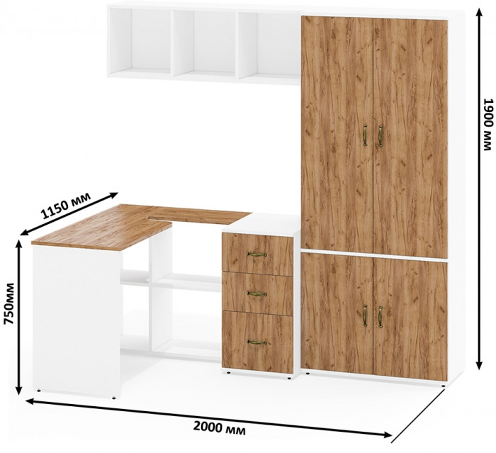 Лидер-8 Стол + Полка + Тумба МД 3.16 + Шкаф МД 20Б, белый шагрень/крафт золото