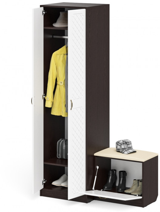 Прихожая П-6 Компоновка № 10, венге/фасады МДФ белое дерево фрезеровка ромб