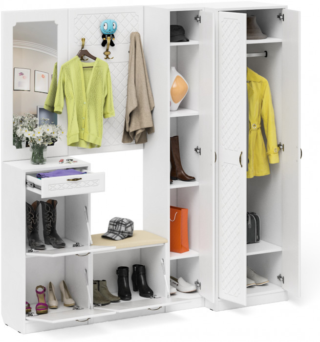 Прихожая П-6 Компоновка № 31, белая шагрень/фасады МДФ белое дерево фрезеровка ромб