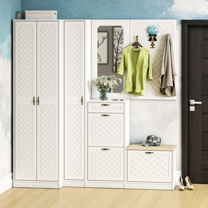 Прихожая П-6 Компоновка № 31, белая шагрень/фасады МДФ белое дерево фрезеровка ромб