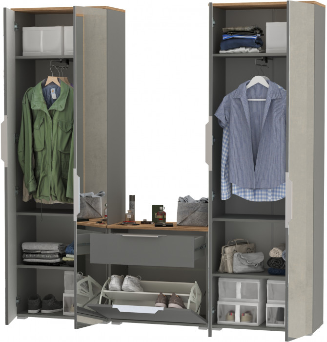 Октава Прихожая 24, цвет серый графит/дуб крафт золотой/фасады МДФ серый графит, ШхГхВ 193,7х35,4х197,6 см., универсальная сборка