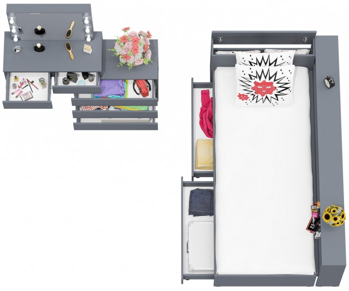 Ксения Кровать с ящиками 0900 + прикроватный блок + Столик с подсветкой 110, графит