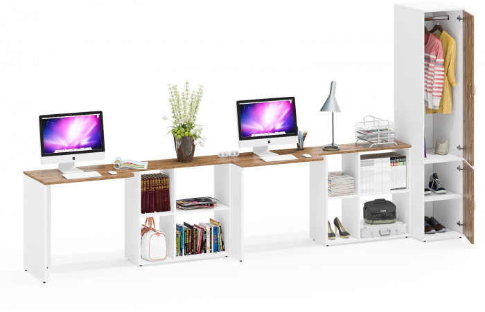 Лидер-8 Стол + Стол + Пенал МД 23Б, цвет белый шагрень/крафт золото, ШхГхВ 370х50х75/190 или 230х120/50х75/190 см., НЕ универсальная сборка