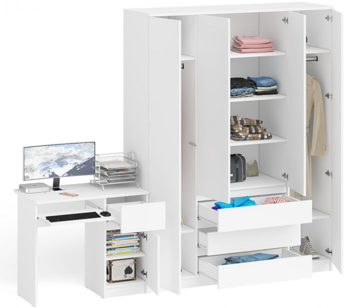 Мори компьютерный стол МС-1 правый + Шкаф МШ1600.1, белый