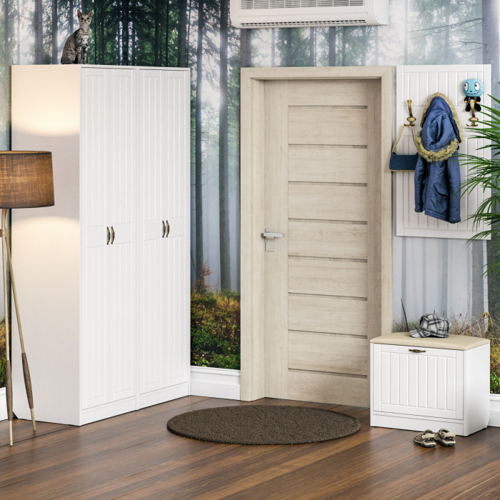 Прихожая П-6 Тумба + Вешалка, цвет белая шагрень/фасады МДФ белое дерево фрезеровка прованс, ШхГхВ 60х35х200 см.