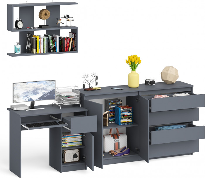 Мори компьютерный стол МС-1 правый + Комод МК1600.1 + Полка 900, графит