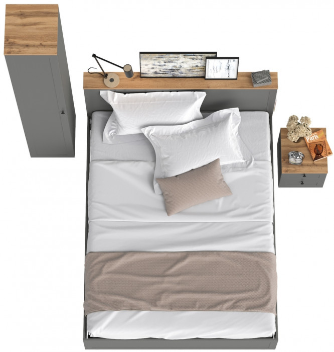 Остин 11.53 Кровать + ортопед + 13.227 Шкаф-пенал + 16.152 Тумба прикроватная, серый графит/дуб крафт золотой