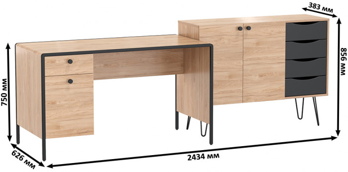 Брюс Стол письменный 12.157 + Комод 16.233, цвет чёрный/дуб Сантьяго/столешница МДФ ель карпатская, 243,4х62,6(38,3)х75(85,6) см., ун. сб.