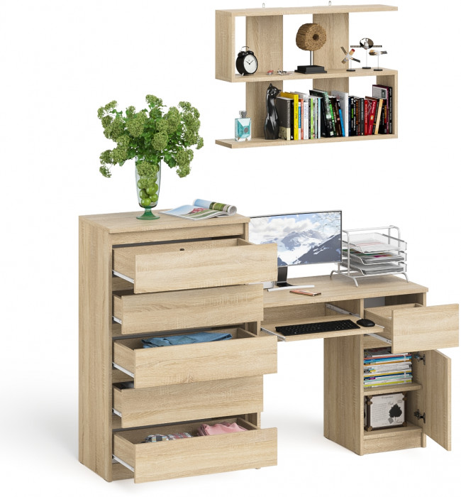 Мори компьютерный стол МС-1 правый + Комод МК700.5 + Полка 900, дуб сонома