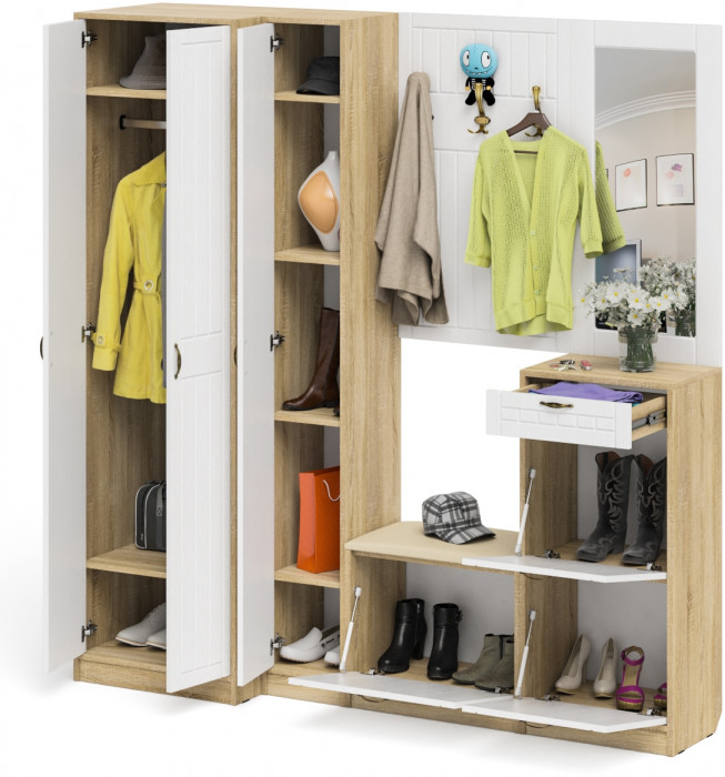 Прихожая П-6 Компоновка № 31, дуб сонома/фасады МДФ белое дерево фрезеровка прованс