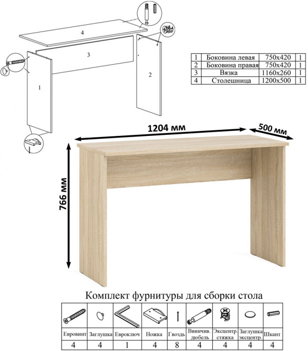 Мори Стол письменный МСП1200.1 + Комод МК800.4 + Полка 1200, цвет дуб сонома, ШхГхВ 200,8х50х209,6 см., универсальная сборка