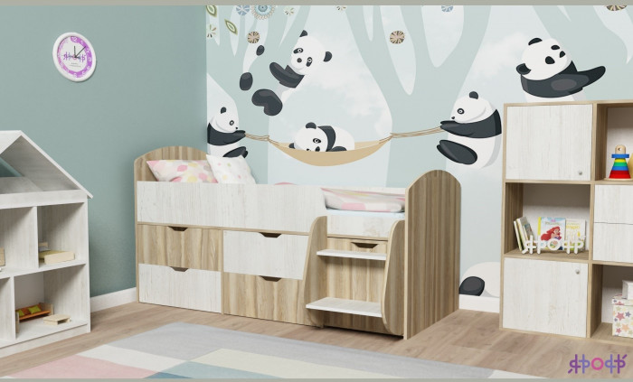 Кровать-чердак Малыш 7 (Белое дерево/Ясень Анкор темный)