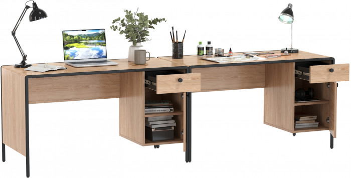 Брюс Стол письменный 12.157 + Стол письменный 12.157, цвет чёрный/дуб Сантьяго/столешница МДФ ель карпатская, ШхГхВ 260х62,6х75 см., ун. сб.