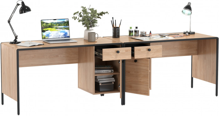 Брюс Стол письменный 12.157 + Стол письменный 12.157, цвет чёрный/дуб Сантьяго/столешница МДФ ель карпатская, ШхГхВ 260х62,6х75 см., ун. сб.