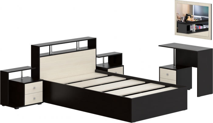 Камелия спальня № 6 Кровать 1200 + Две тумбы + Стол косметический + Зеркало, цвет венге/дуб лоредо, сп.м. 1200х2000 мм., б/м, основание есть