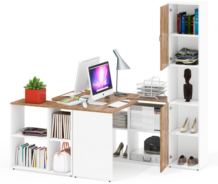 Лидер-8 Стол + Стол + Пенал, белый шагрень/крафт золото