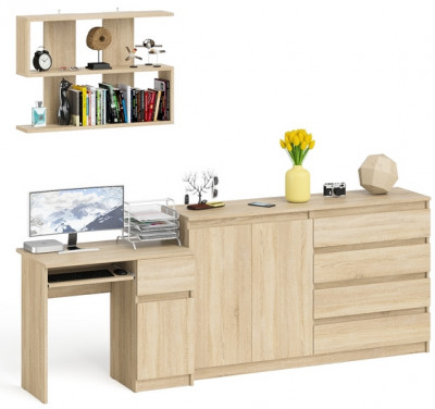 Мори компьютерный стол МС-1 правый + Комод МК1600.1 + Полка 900, дуб сонома