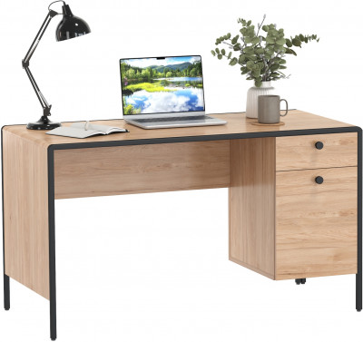 Брюс Стол письменный 12.157, цвет чёрный/дуб Сантьяго/столешница МДФ ель карпатская, ШхГхВ 130х62,6х75 см., универсальная сбока