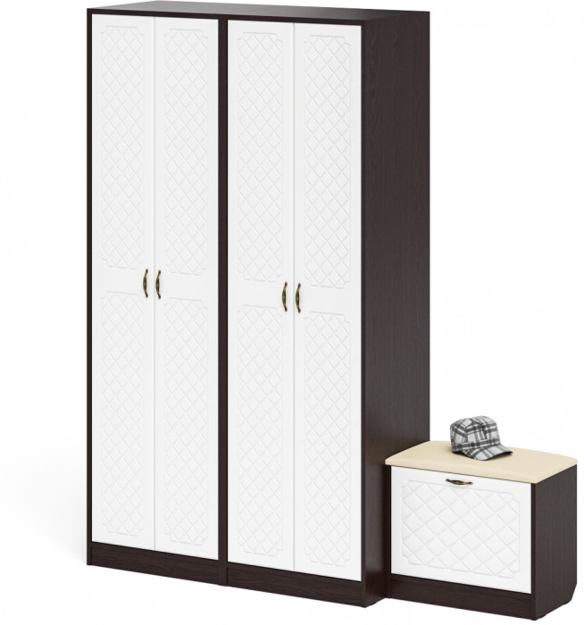Прихожая П-6 Компоновка № 07, цвет венге/фасады МДФ белое дерево фрезеровка ромб, ШхГхВ 180х50х210 см., универсальная сборка