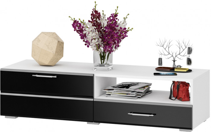 Тумба под ТВ Ларго 1,4, цвет корпус белый/фасады МДФ чёрный глянец, ШхГхВ 140х46х35 см., НЕ универсальная сборка