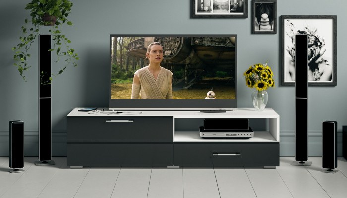 Тумба под ТВ Ларго 1,4, цвет корпус белый/фасады МДФ чёрный глянец, ШхГхВ 140х46х35 см., НЕ универсальная сборка