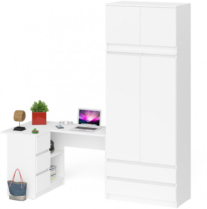 Мори Стол компьютерный МС-16 левый + Шкаф МШ900.1 + Антресоль МА900.1, цвет белый, ШхГхВ 214,8х84,9х234,2 см., выдвижные ящики слева, НЕ универс. сб.