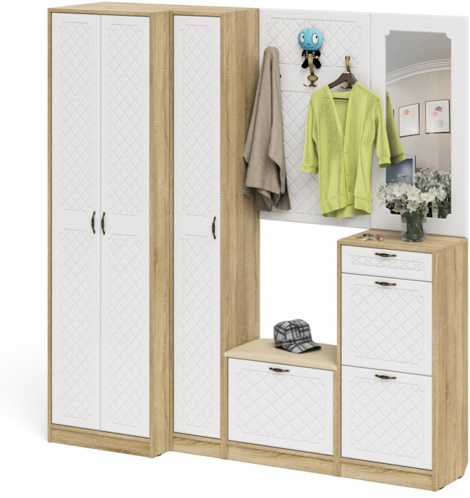 Прихожая П-6 Компоновка № 31, цвет дуб сонома/фасады МДФ белое дерево фрезеровка ромб, ШхГхВ 200х50х210 см., универсальная сборка