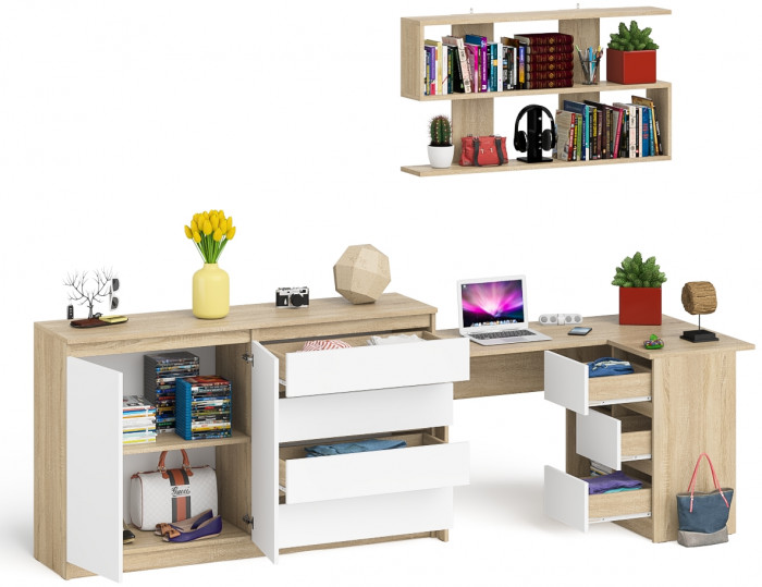 Мори компьютерный стол МС-16 правый + Комод МК1600.1 + Полка 1200, дуб сонома/белый