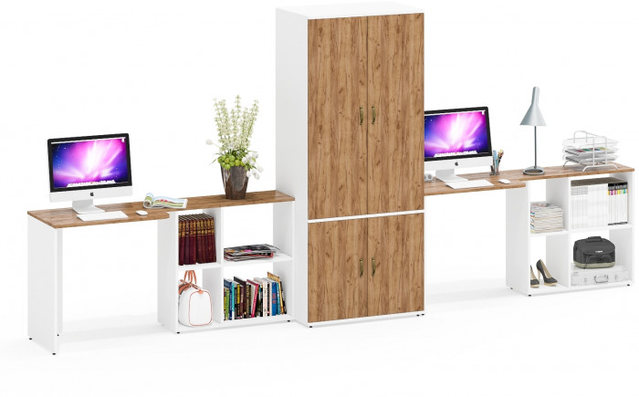 Лидер-8 Стол + Стол + Шкаф МД 19Б, цвет белый шагрень/крафт золото, ШхГхВ 410х50х75/190 или 230х160/50х75/190 см., НЕ универсальная сборка