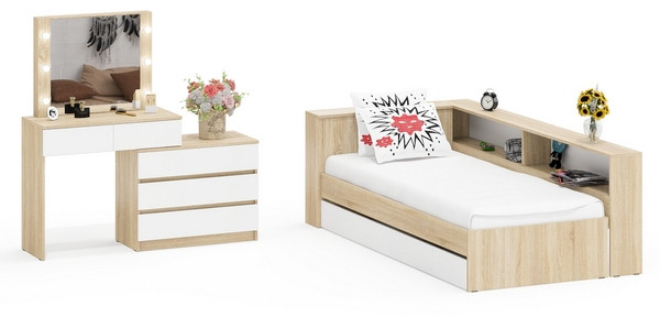 Ксения Кровать с ящиками 0900 + прикроватный блок + Столик с подсветкой 110, дуб сонома/белый