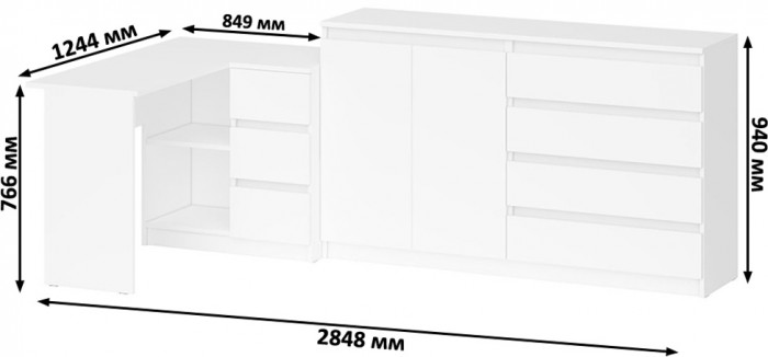 Мори компьютерный стол МС-16 правый + Комод МК1600.1, белый