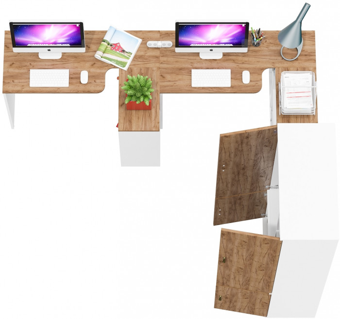 Лидер-8 Стол + Стол + Шкаф МД 20Б + Тумба МД 3.15, цвет белый шагрень/крафт золото, ШхГхВ 450х50/37,5х75/190 или 230х200/50х75/190 см., НЕ ун. сб.