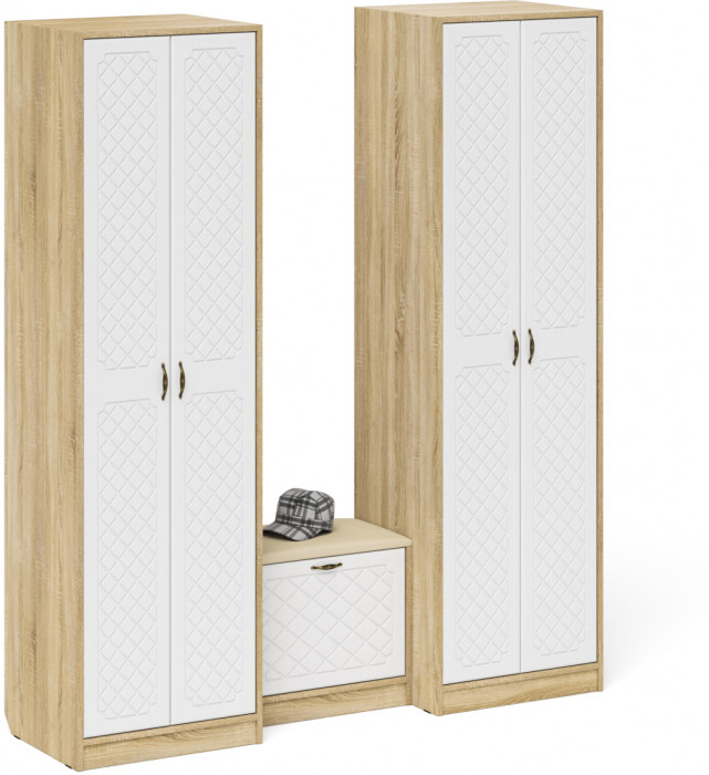 Прихожая П-6 Компоновка № 07, цвет дуб сонома/фасады МДФ белое дерево фрезеровка ромб, ШхГхВ 180х50х210 см., универсальная сборка