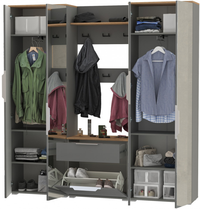 Октава Прихожая 27, цвет серый графит/дуб крафт золотой/фасады МДФ серый графит, ШхГхВ 193,7х35,4х197,6 см., универсальная сборка