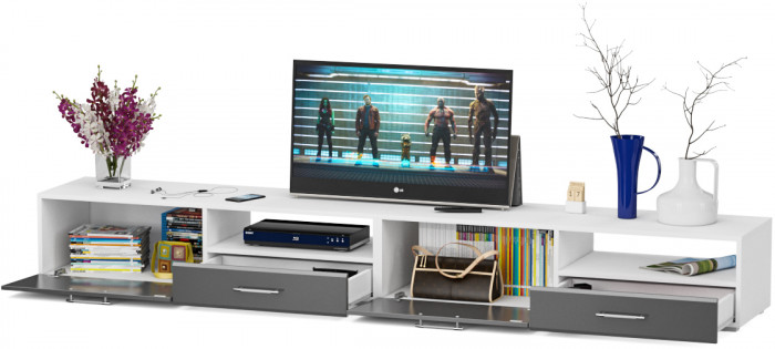 Тумба под ТВ Ларго 1, корпус белый/фасады МДФ графитово-серый глянец