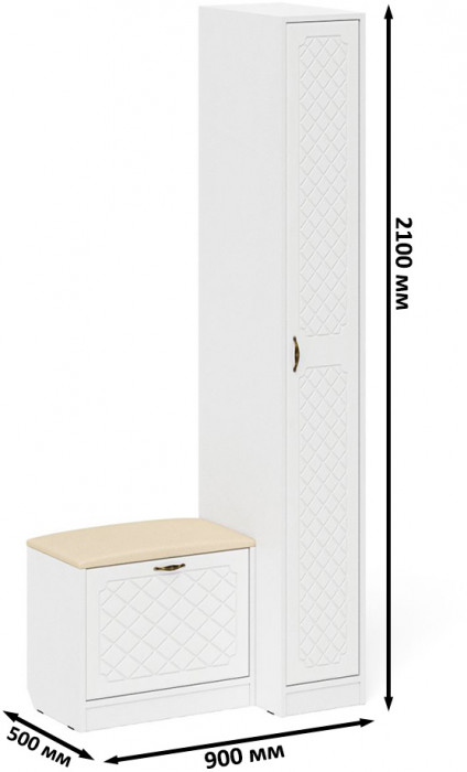 Прихожая П-6 Компоновка № 39, цвет белая шагрень/фасады МДФ белое дерево фрезеровка ромб, ШхГхВ 90х50х210 см., универсальная сборка