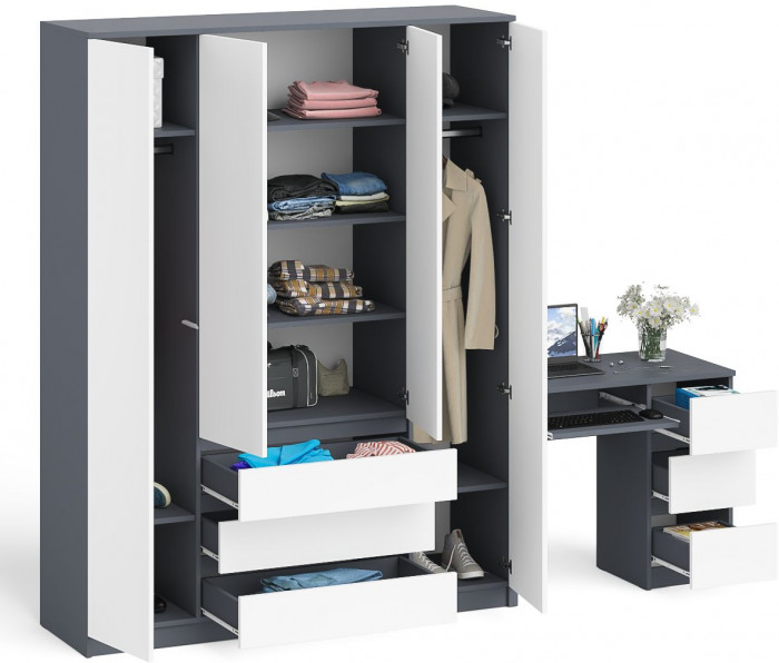 Мори компьютерный стол МС-6 правый + Шкаф МШ1600.1, графит/белый