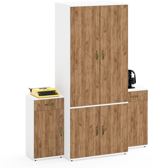 Лидер-8 Шкаф МД 19Б + Тумба МД 3.15 + Тумба МД 3.15, цвет белый шагрень/крафт золото, ШхГхВ 160х50х190 см., универсальная сборка